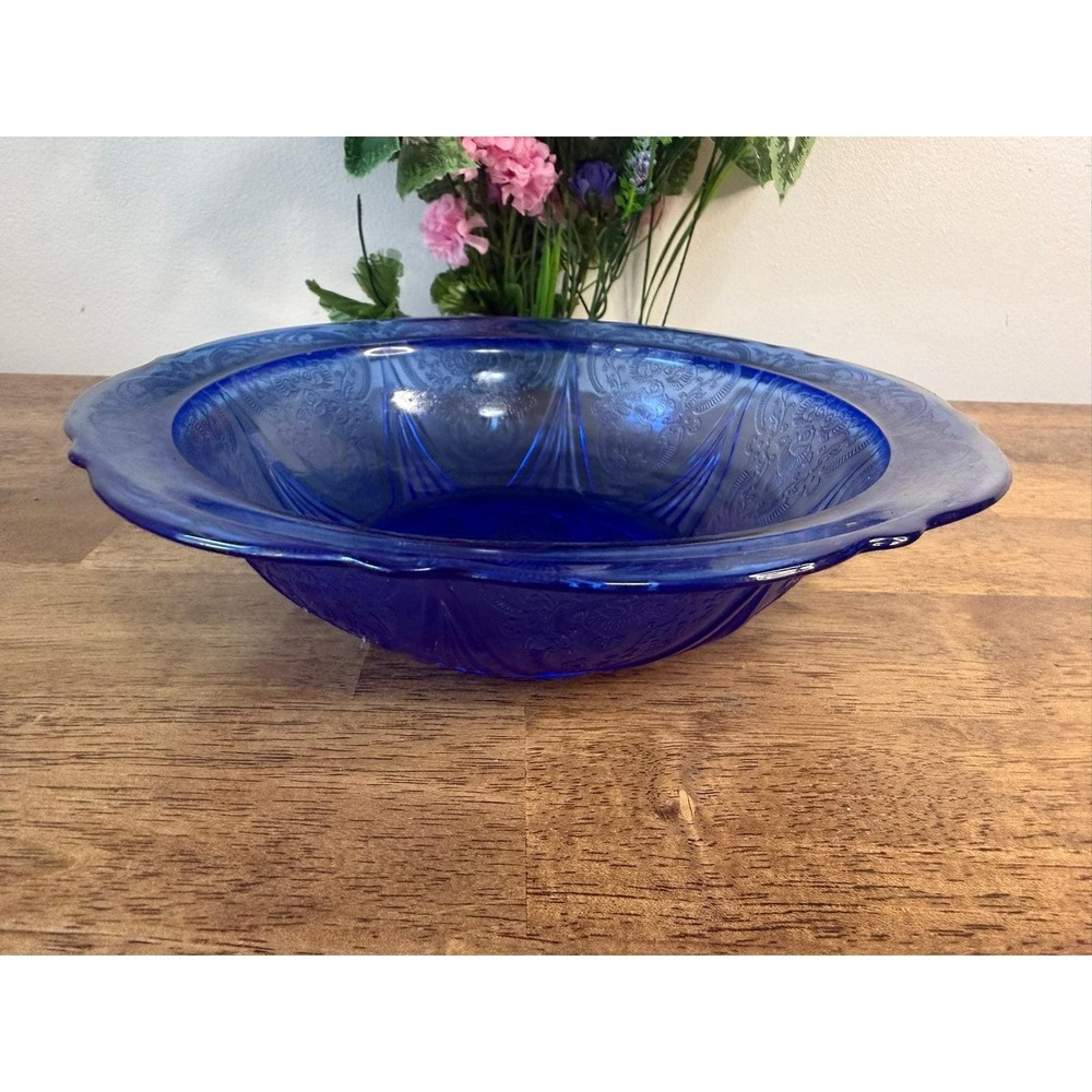 Hazel Atlas Royal Lace Cobalt Blue Depression Glass Large Serving Bowl 1930s